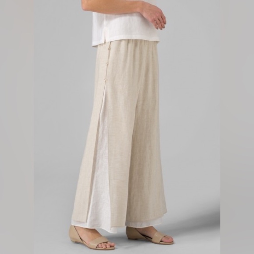 VIVID 100% Linen double layer white drawstring wide leg pants